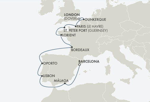 Reiseroute Seven Seas Navigator von Barcelona nach London