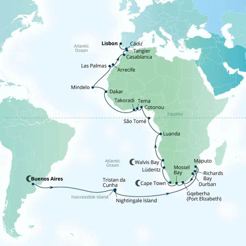  Reiseroute Welt-Kreuzfahrt von Buenos Aires nach Lissabon