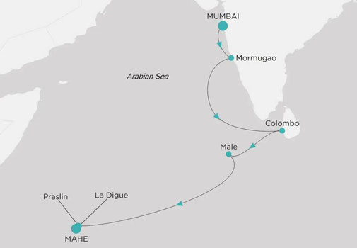 Routenkarte von Mumbai nach Mahe mit Crystal Cruises