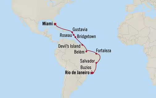 Routenkarte Oceania Vista von Miami bis Rio de Janeiro