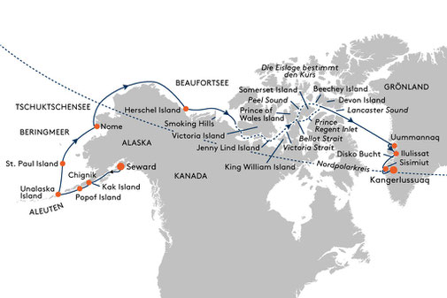 Routenplan für die Kreuzfahrt Nordwestpassage HANSEATIC inspiration