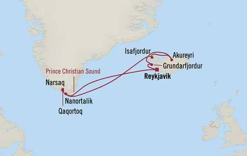 Routenkarte Oceania Marina von Reykjavik nach Reykjavik