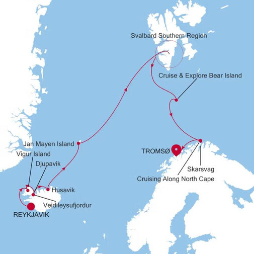 Reiseroute Silver Endeavour von Silversea - Reykjavik nach Tromso