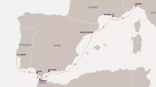 Routenkarte der Explora IV von Explora Journeys - von Genova nach Lissabon