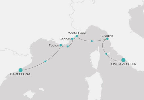 Routenkarte von Barcelona nach Civitavecchia/Rom mit Crystal Cruises
