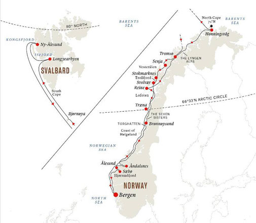 Routenkarte Spitzbergen-Linie ab/bis Bergen