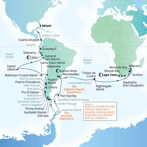 Reiseroute Welt-Kreuzfahrt von Miami nach Buenos Aires