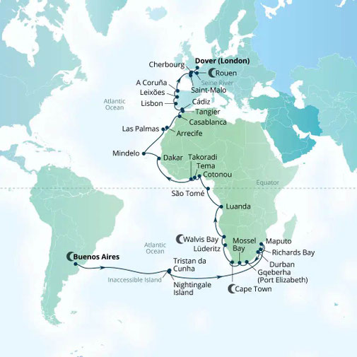 Reiseroute Welt-Kreuzfahrt von Buenos Aires nach Dover