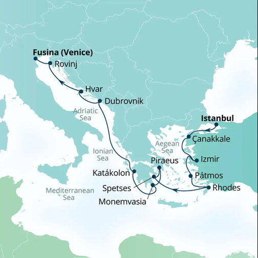 Reiseroute Seabourn Encore - Mittelmeer