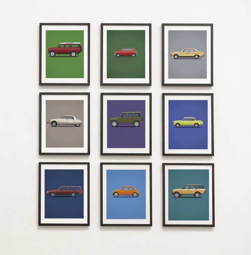 Renault Mercedes Porsche Peugeot poster carposter framed picture illustration pagode pagoda graphic ilustracija grafika katrca classic cars