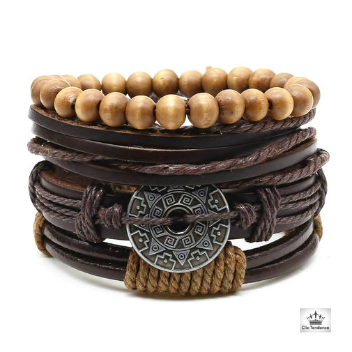bracelet cuir homme style urbain casual et fashion avec  cordelette tresse - laniere cuir et bille bois