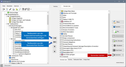 Dokumentengenerator mit Textbausteinverwaltung und Generatorliste