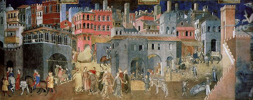 Lorenzetti  Ambrogio, Effets du Bon Gouvernement dans la ville, 1339, (fac-simile de la fresque de Sienne, Palais Public)