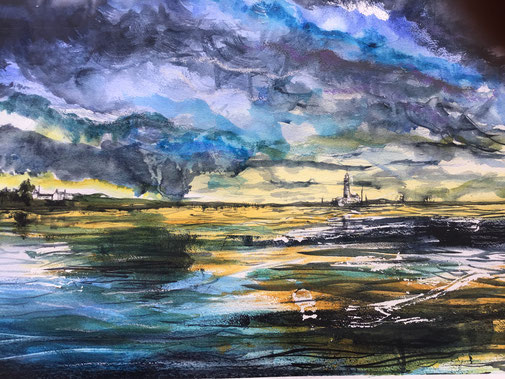 Storm Over the Lighthouse painting by Sally McCaffrey