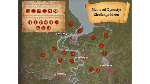 14 Bauplätze Medieval Dynasty map karte übersicht siedlung siedlungsgebiet gute bauplätzte medy-wiki tipps