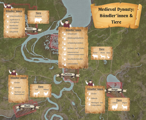 Händler*innen Händler Oxbow map medieval dynasty tips tiere kaufen tierhändler piastovia klonica skauki ostoya waren 