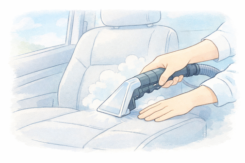 車内の明るいグレーのシートを専用リンサーでやさしく洗浄している手元のイラスト。汚れは描かず、清潔感と安心感を重視したフラットデザイン。