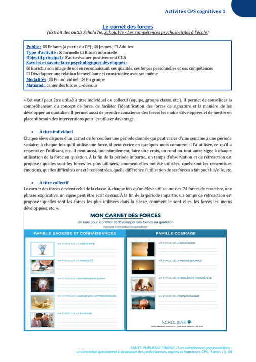 Compétences psychosociales. CPS. Référentiel opérationnel à destination des professionnels experts et formateurs CPS. Fiches d'activités CPS.