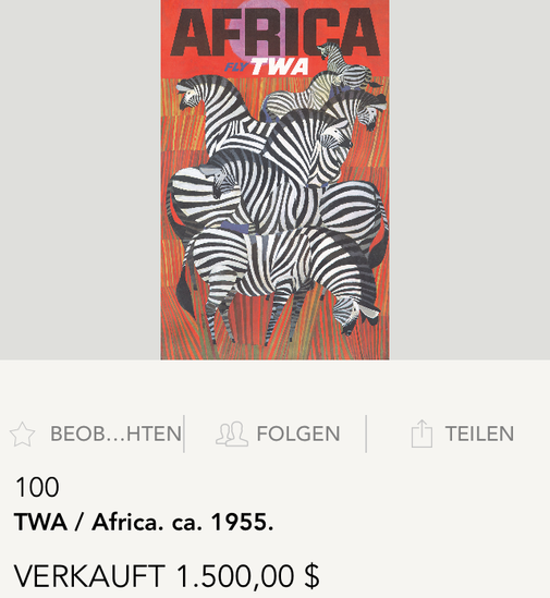 TWA - Africa (Zebras) - Original vintage travel poster by David Klein