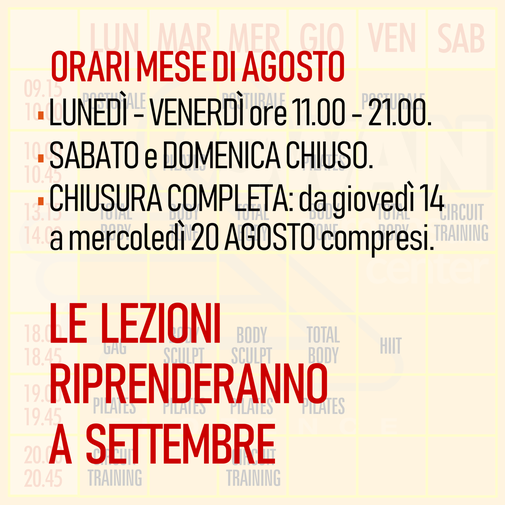 SWAN GYMNASTIC CENTER | Orario corsi | Luglio 2025