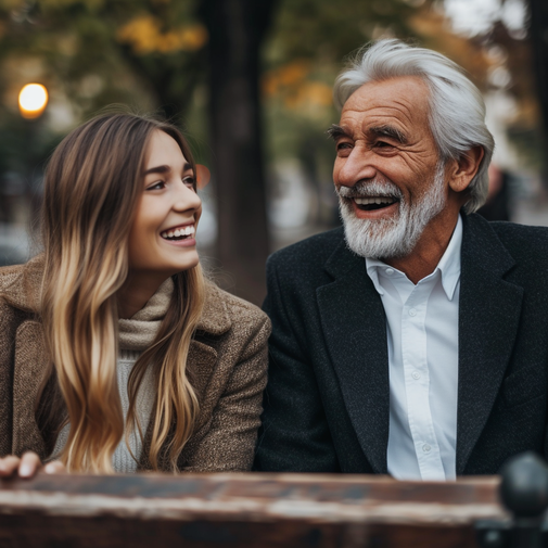 An attractive elderly man sharing a happy moment with a young woman