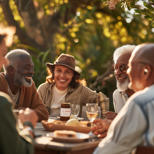 A lady in a hat amongst a diverse group of people of various ages engaged in conversation in a relaxed outdoor setting.