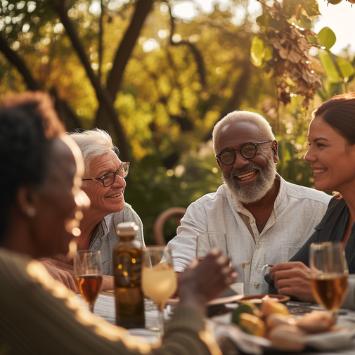 A diverse group of people of various ages engaged in conversation in a relaxed outdoor setting.