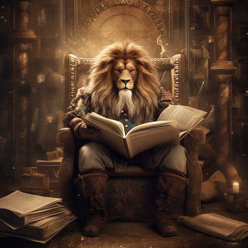Maître lion assis sur son trône lisant un livre de math - Petru-Francescu A.