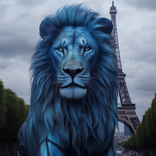 Un lion avec une crinière bleue et la Tour Eiffel derrière - Baptiste G.