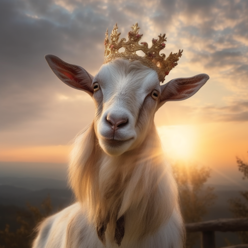Chèvre avec une couronne admirant un coucher de soleil - Antoine O.