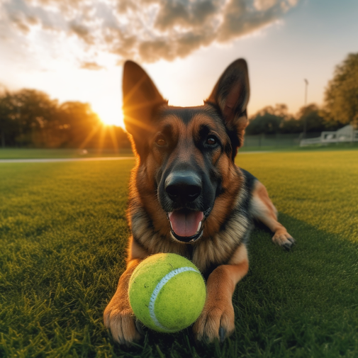 Un berger allemand sur l'herbe avec une balle de tennis à côté lever de soleil - Gael M.