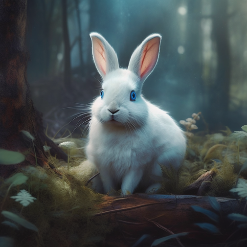 Un lapin blanc aux yeux bleus dans une forêt - Marie C.
