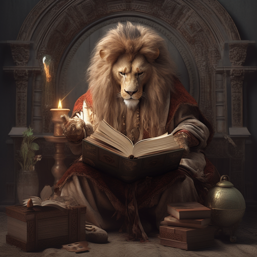 Maître lion assis sur son trône lisant un livre de math - Petru-Francescu A.