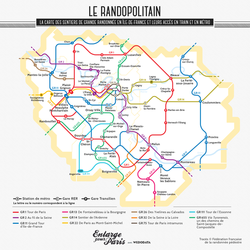 Le Randopolitain, carte réalisée par Enlarge your Paris et We Do Data avec les tracés fournis par la Fédération française de la randonnée pédestre, le Comité régional d’Île-de-France de la randonnée pédestre et l’Institut Paris Region