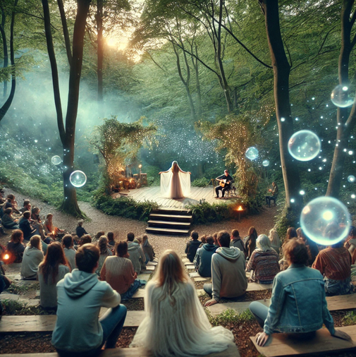 Märchenerzählerin auf einer Bühne im Wald, improvisiertes Schauspiel