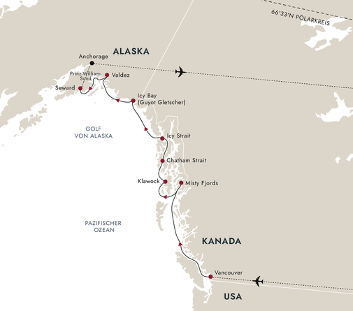 HX Hurtigruten Expeditions Alaska mit der MS Roald Amundsen - Routenkarte