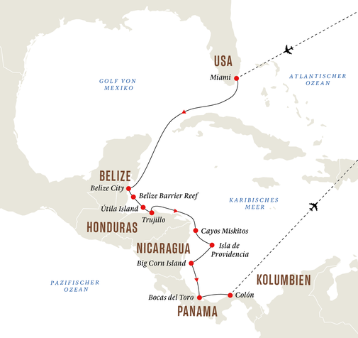 Reiseroute MS Roald Amundsen - Hurtigruten Mittelamerika und Karibik