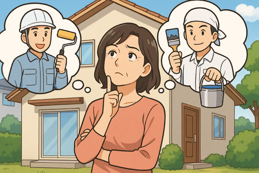 【イメージイラスト】外壁塗装の相見積もりで「依頼」「お断り」どっちに先に連絡すべきか悩む家主