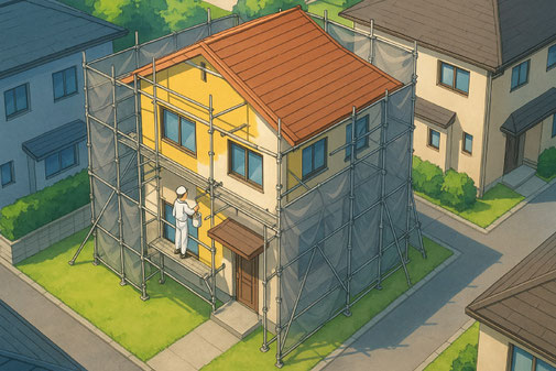 外壁塗装工事が進む住宅地内の一軒家