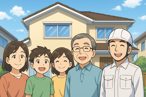 【イメージイラスト】外壁塗装の相見積もりの結果、依頼先が決定したファミリーと塗装業者