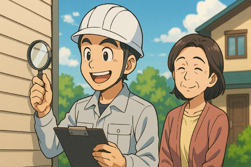 【イメージイラスト】外壁塗装の相見積もり現地調査に立ち会う家主