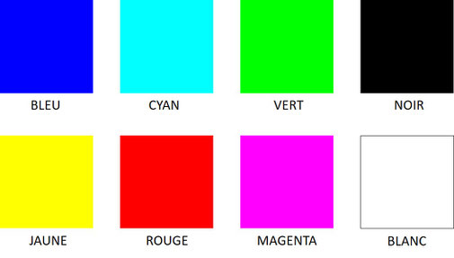 Les huit couleurs de base : cyan, magenta, jaune, rouge, vert, bleu, noir et blanc