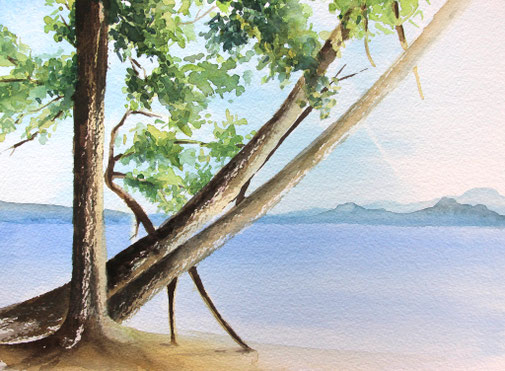 Aquarellbild "Starnberger See": drei Baumstämme im Vordergrund , Blick auf den blauen See