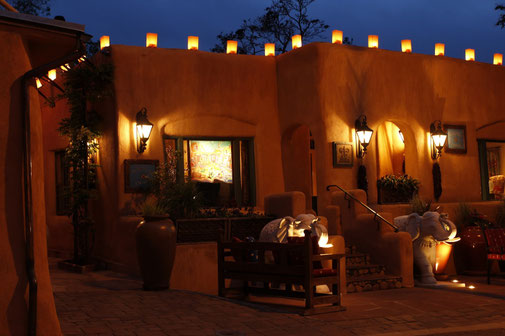 Illuminated houses in Santa Fe at night