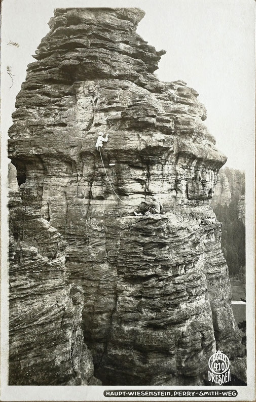 Kletterer am Hauptwiesenstein, Perry-Smith-Weg, Foto Walter Hahn, um 1916