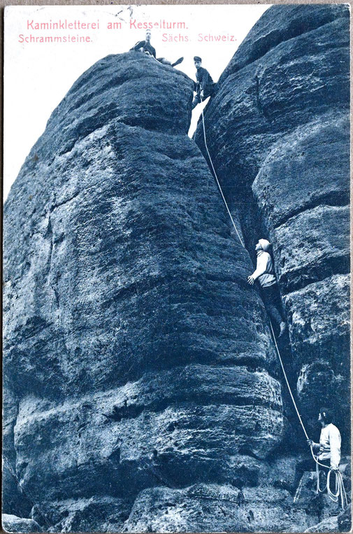 Kletterer am Kesselturm, Postkarte vom Verlag Hermann Poy, Dresden