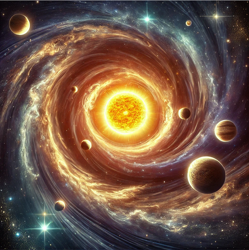 Vortex cosmique avec le Soleil attirant les planètes symbolisant l’intensité d’un Cazimi.