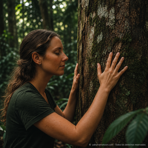European traveller touching the trunk of a large rainforest tree during a mindful nature experience near Iquitos, Peru
