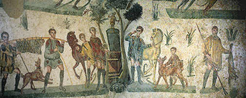 mosaïque murale dans la villa romaine del casale, sicile. image : wikimedia 