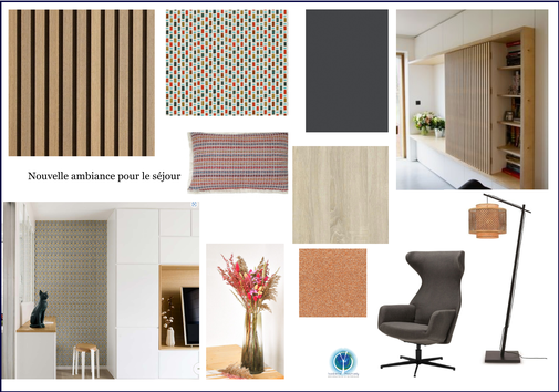 Une rénovation partielle du séjour par la création d'un agencement, l'apport de matériaux, luminaires et de textiles,  Isabelle Mourcely-Décoration, décoratrice UFDI, Coaching déco, conseil, conception en décoration  Tours-Chinon 